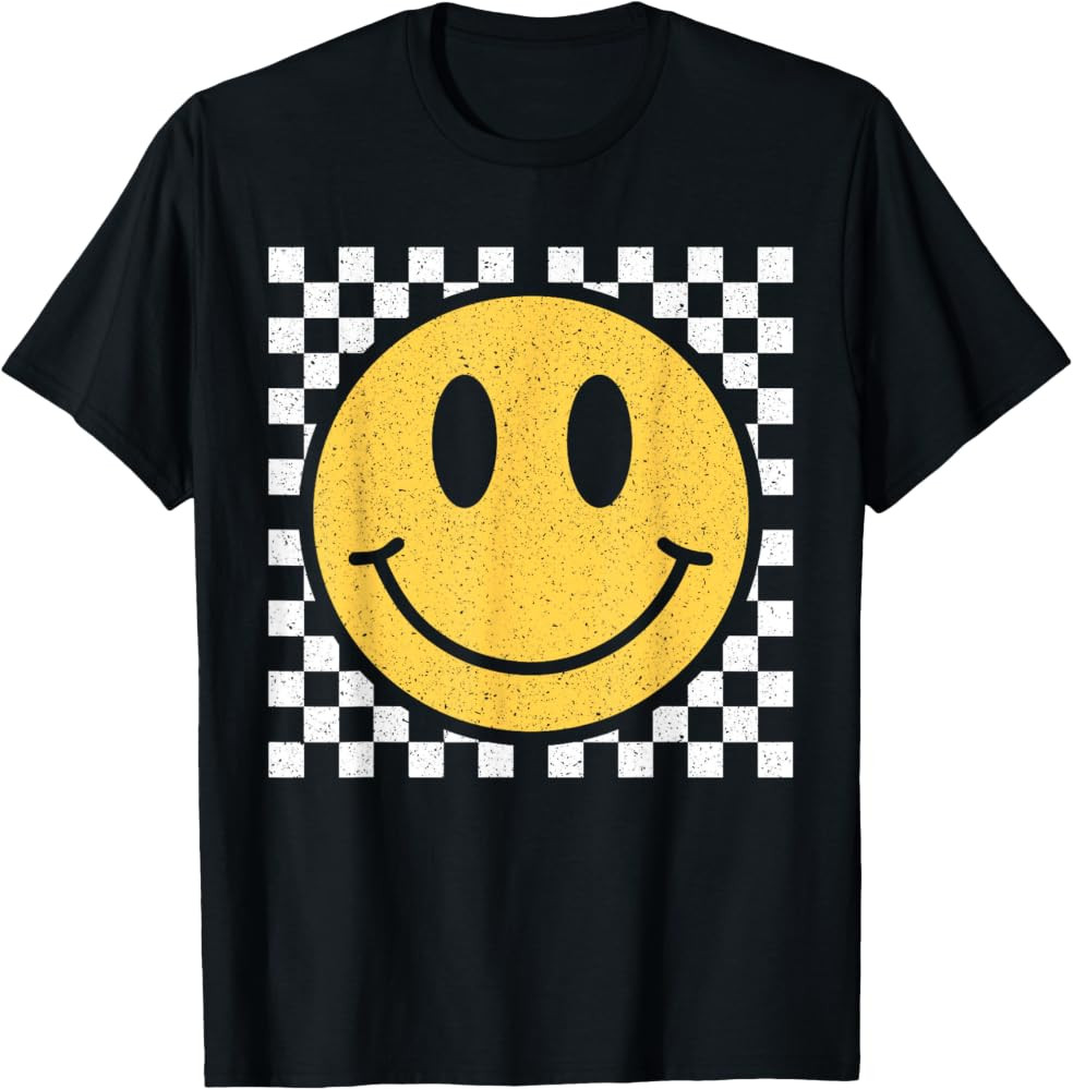 Retro Yellow Happy Face Checkered Pattern Smile Face Trendy T-Shirt | Amazon (US)