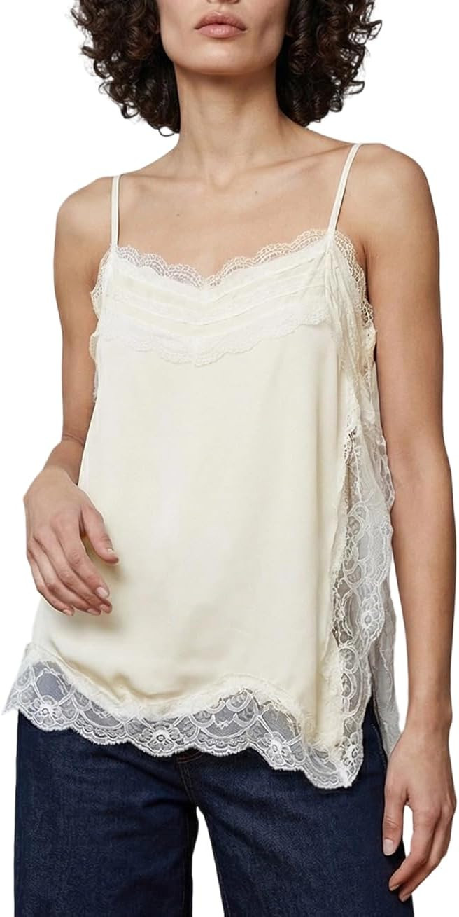 Long Lace Camisole Tops for Women Square Neck Side Split Flowy Tank Top Chiffon Lace Trim Cami Tunic Undershirt | Amazon (US)