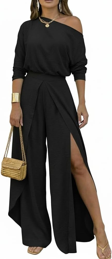 CHICME Women Summer 2 Piece Outfits Off Shoulder Batwing Sleeve Top Flowy Slit Wide Leg Pants Set... | Amazon (US)