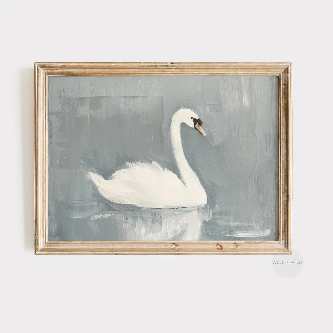 White Swan Art Print | Rustic Vintage Style Painting | Muted Blue Antique Swan | Pastel Farmhouse... | Etsy (US)