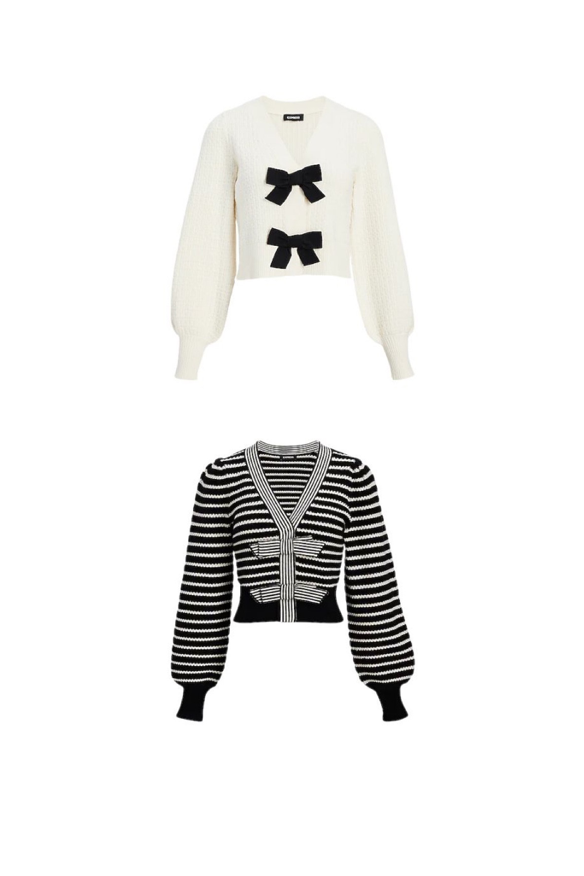 Bow cardigan express // white cardigan bow sweater // black and white striped bow sweater cardigan // old money // Sofia Richie 

#LTKunder50 #LTKunder100