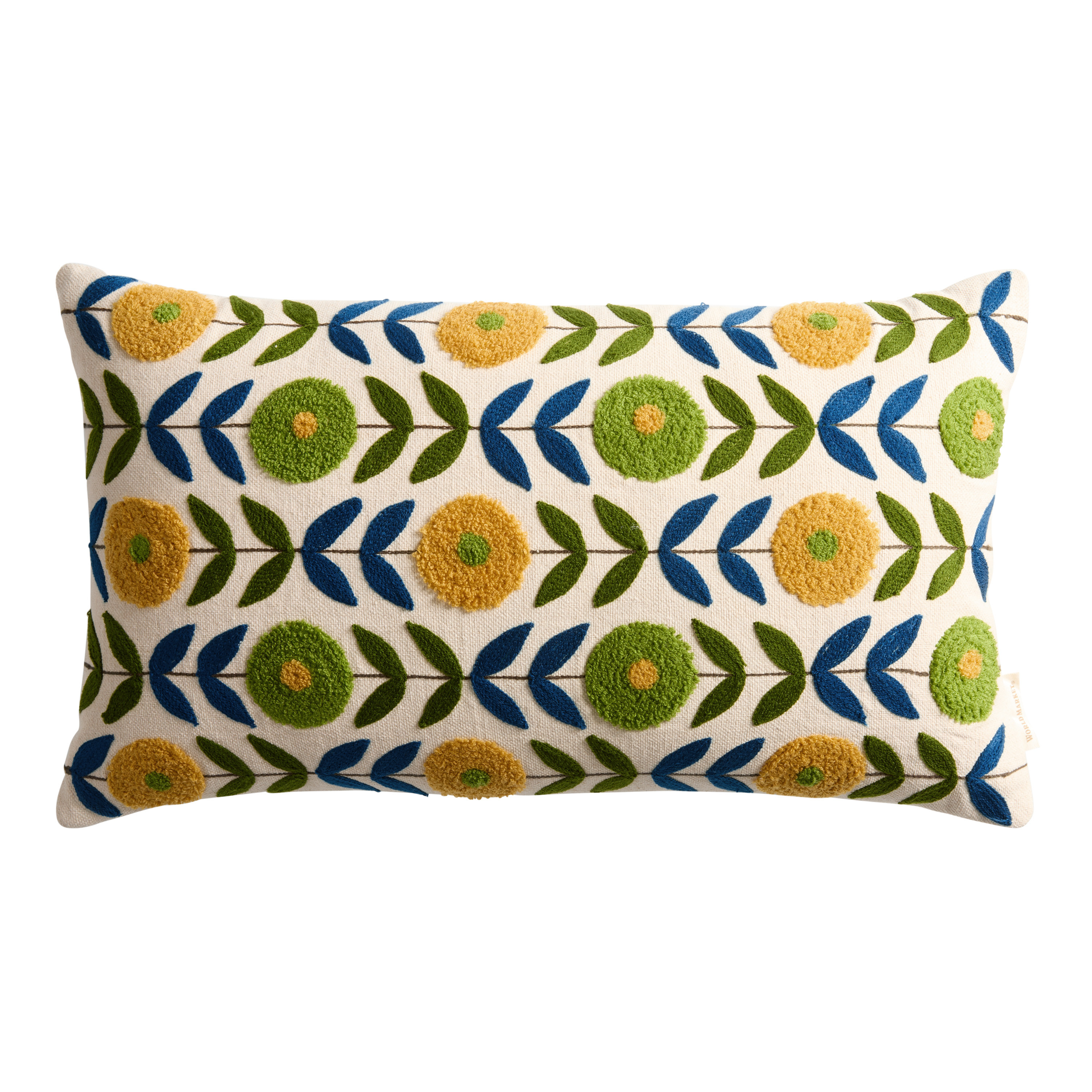 Yellow and Green Modern Flower Embroidered Lumbar Pillow | World Market