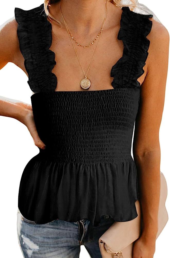 CILKOO Women's Frill Smocked Crop Tank Top Tie Shoulder Strap Vest(S-XXL) | Amazon (US)