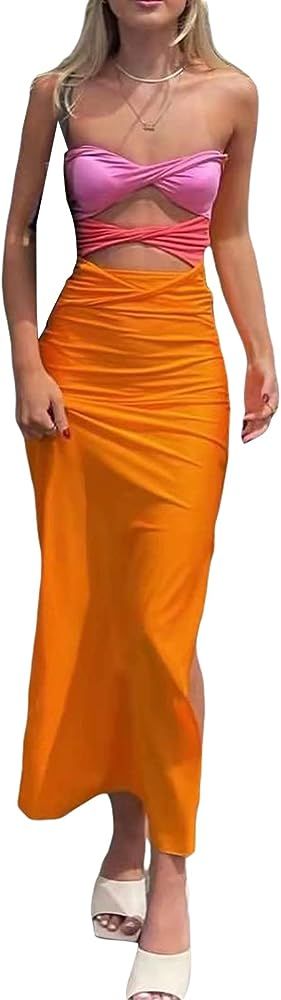 Engofs Women Twist Front Cut Out Backless Maxi Dress Y2K Pink and Orange Long Bodycon Sexy Dresses | Amazon (US)