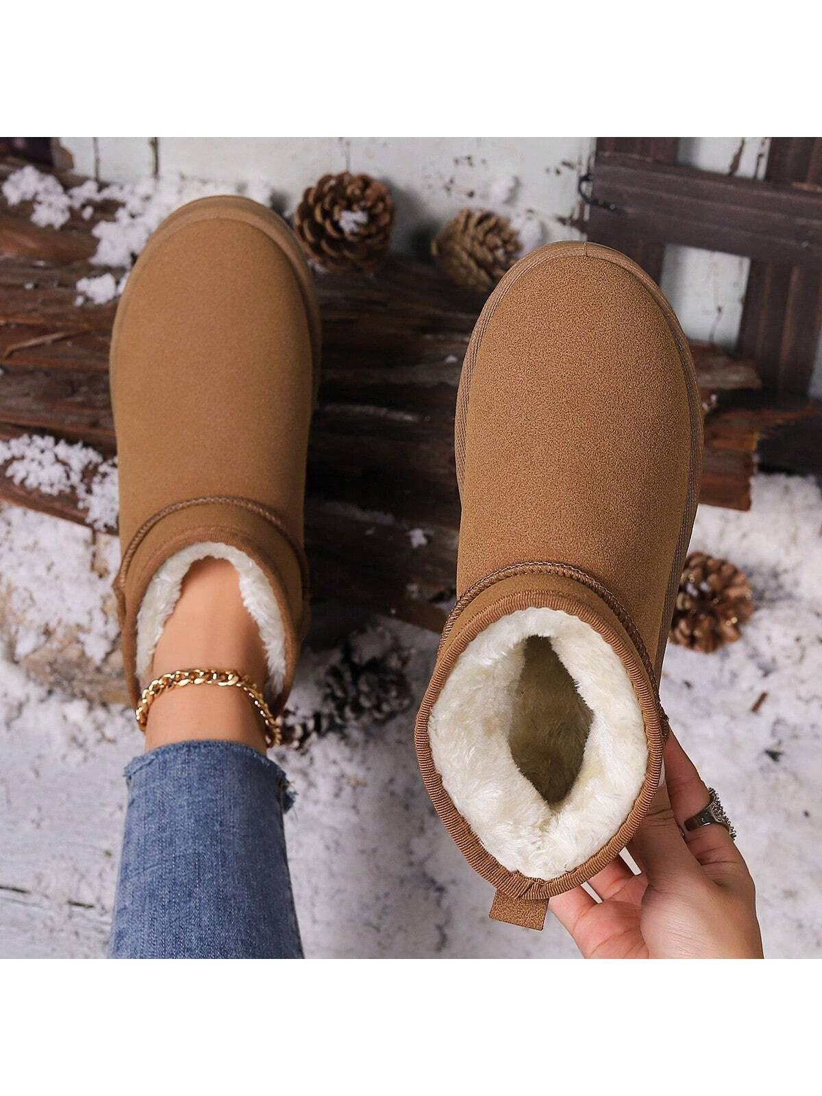 Women's Fluffy Thickened Snow Boots, Slip-On Style, Brown, Non-Slip, Keep Warm In Winter | SHEIN
