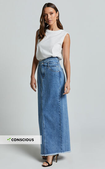 Evelyn Maxi Skirt - High Asymmetrical Waist Frayed Hem Denim Skirt in Mid Blue Wash | Showpo (US, UK & Europe)