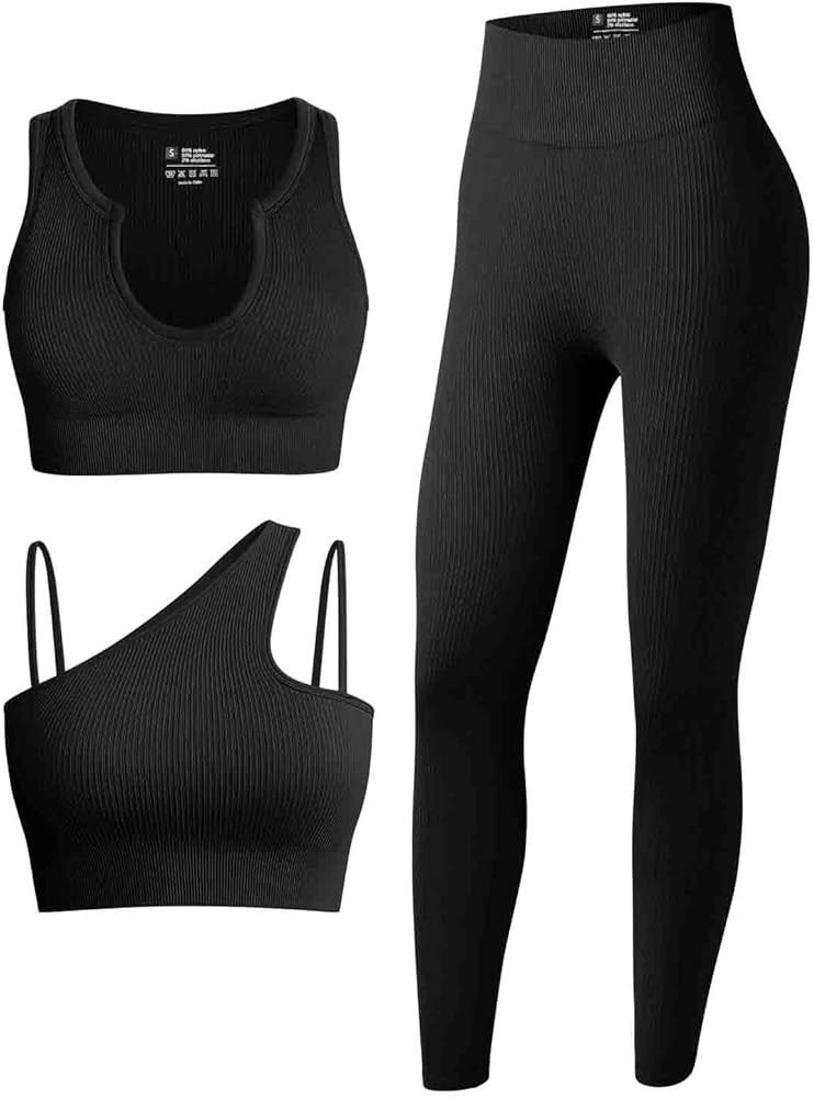 OQQ Women's 3 Piece Outfits Ribbed Seamless Exercise Scoop Neck Sports Bra One Shoulder Tops High... | Amazon (US)