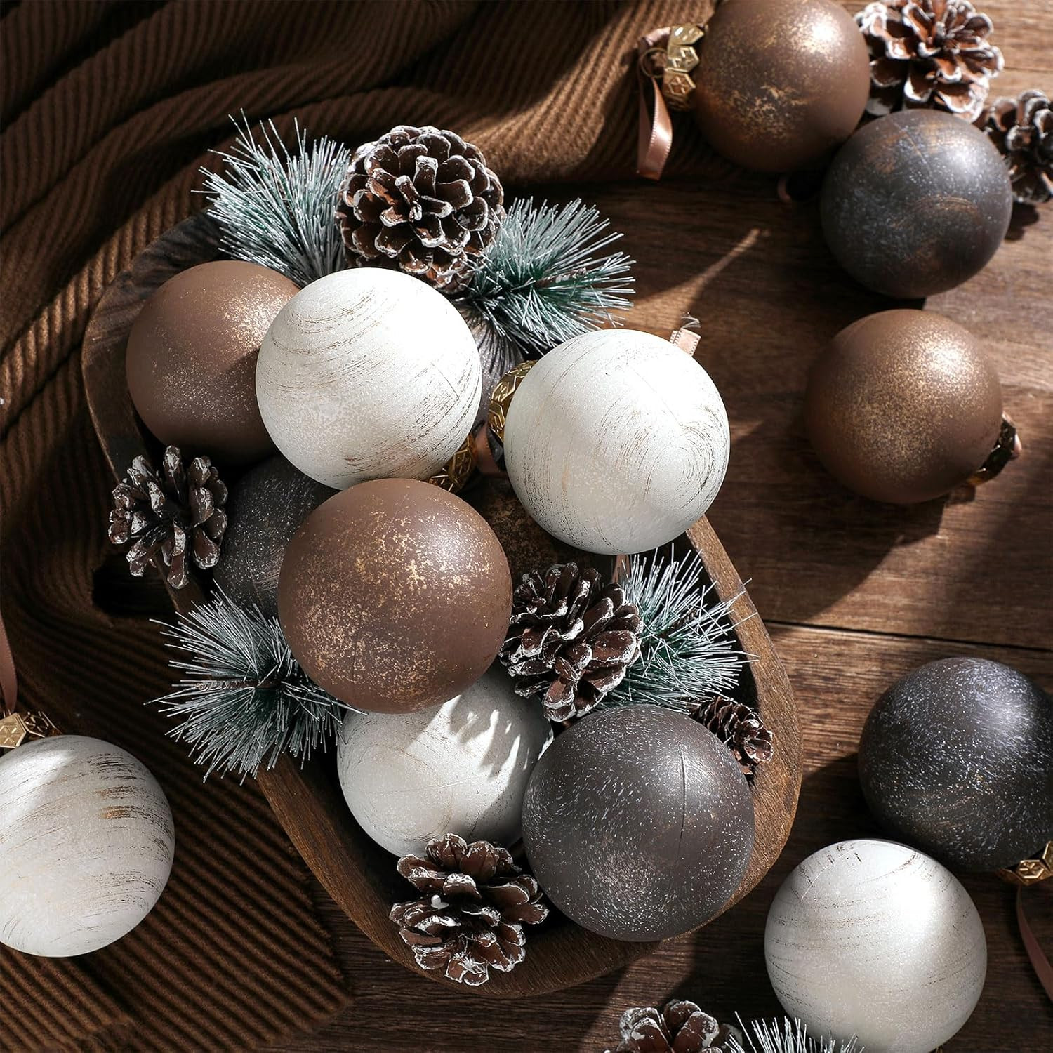 Yunlly 12 Pcs Neutral Textured Christmas Ball Ornaments 2025 2.4 Inch Rustic Brown White Xmas Orn... | Amazon (US)