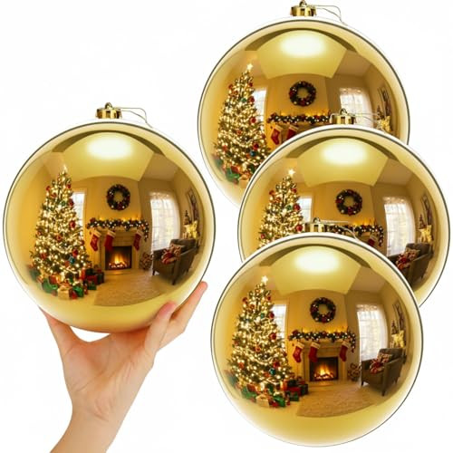 Zubebe 4 Pcs Extra Large Christmas Ball Ornaments 8'' (200 Mm) Giant Oversized Plastic Xmas Ball Big Hanging Christmas Tree Ornaments for Holiday Party Outdoor Decor(Candy Gold) | Amazon (US)