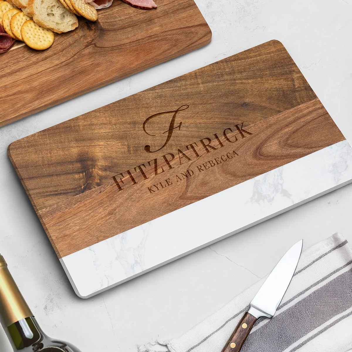 Trieste Personalized Marble Cutting Board - White Marble and Acacia Wood Cheese Board 16 x 9 x 1 ... | HomeWetBar.com