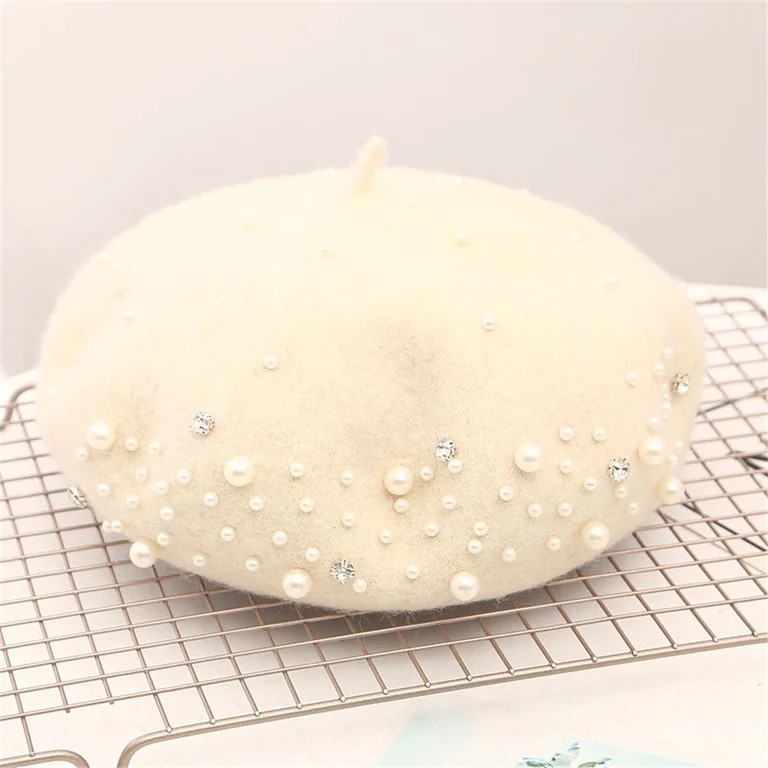 Women Girls Baggy Winter Warm Beanie Pearl Rhinestone Autumn Beret Hat Wool Beret Cap Flat Cap Ha... | Walmart (US)