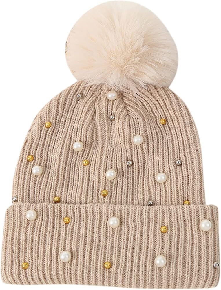 Womens Slouchy Winter Beanie Hat with Fur Ball Pompom Beanie Pearl Beads Fall Hat Warm Thick Knit... | Amazon (US)