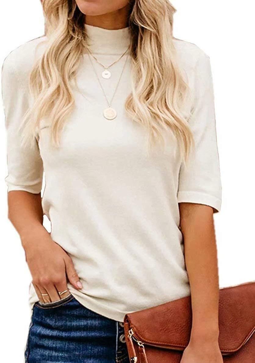LACOZY Women's Mock Turtle Neck Tops Slim Fitted Half Sleeve Cute Plain T Shirt | Amazon (US)