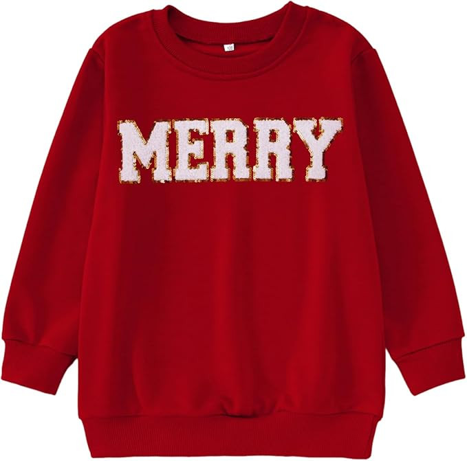 CM C&M WODRO Kids Girl Christmas Sweatshirt Merry Shirt Long Sleeve Chenille Patch Xmas Holiday C... | Amazon (US)