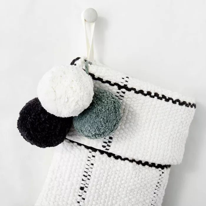Woven Plaid with Poms Holiday Stocking Gray/Cream - Hearth & Hand™ with Magnolia | Target