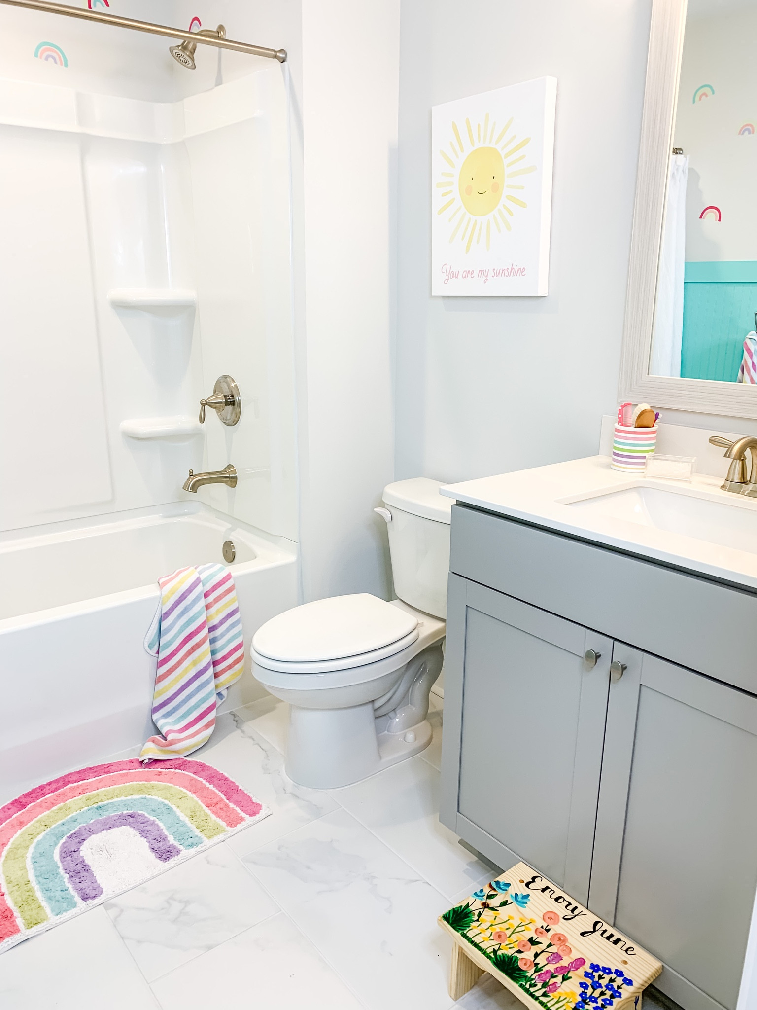 Kids bathroom, kids bath, girls bathroom, bathroom design, bathroom decor, rainbow, rainbow decor, rainbow rug, coastal decor, coastal design

#LTKfamily #LTKhome #LTKkids