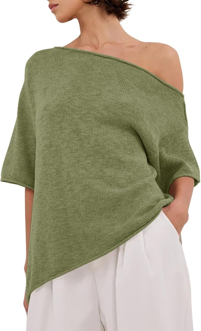 Womens Off The Shoulder Knit Tops Summer Short Sleeve Roll Hem Asymmetrical Linen T Shirts 2026 | Amazon (US)