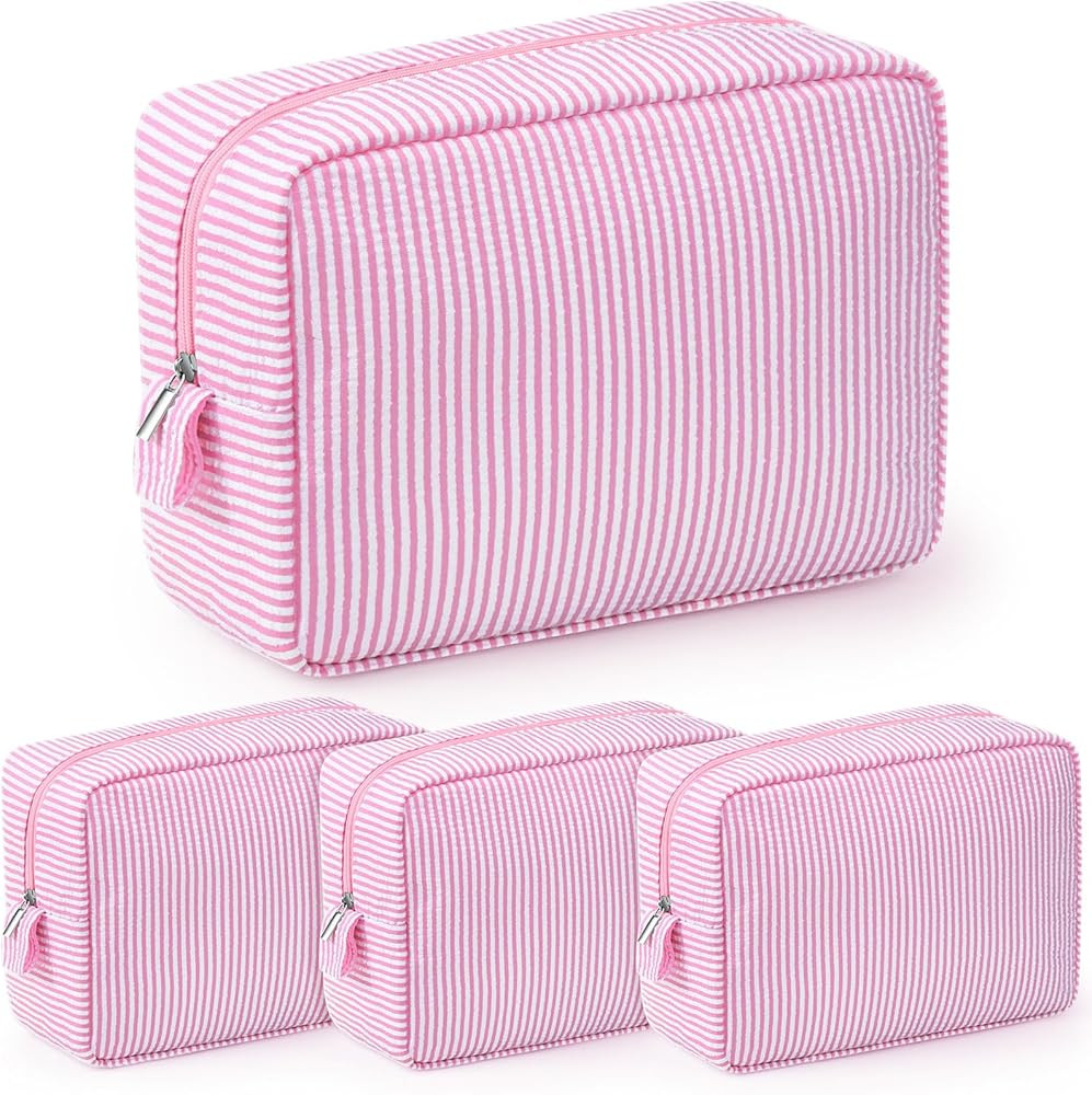 Sanwuta 3 Pcs Seersucker Makeup Bags Seersucker Cosmetic Bags Striped Women Large Travel Toiletry... | Amazon (US)