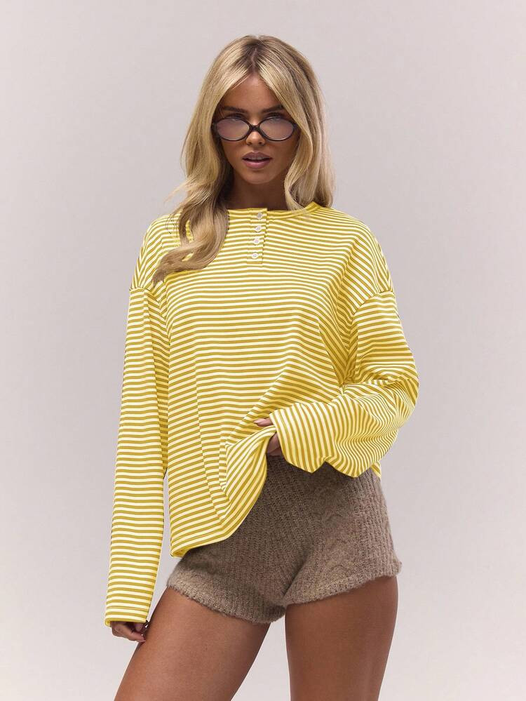 MUSERA Long Sleeve Striped Button Down Oversized T-Shirt Fall Autumn Old Money Cute Country Cottage Core Casual Lounge Top For Women Butterscotch Elegant Holidays Spring Summer | SHEIN