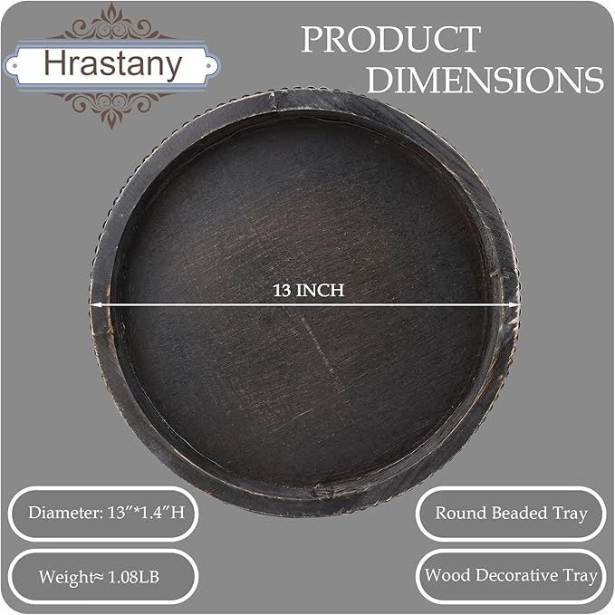 Round Wooden Serving Tray with Beads, Circle Vintage Black Wood Coffe Table Tray for Dining Room ... | Amazon (US)