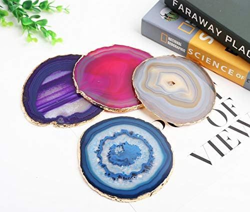 JIC Gem Golden Plated Dyed Mixed Color Agate Coasters 3－4" set of 4 pcs Blue,Natural,Pink,Purple, wi | Amazon (US)