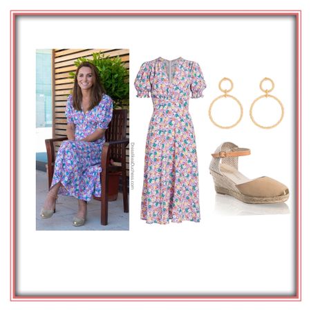 Kate Middleton faithful the brand Marie Louise lilac floral summer dress and Accessorize hoops 