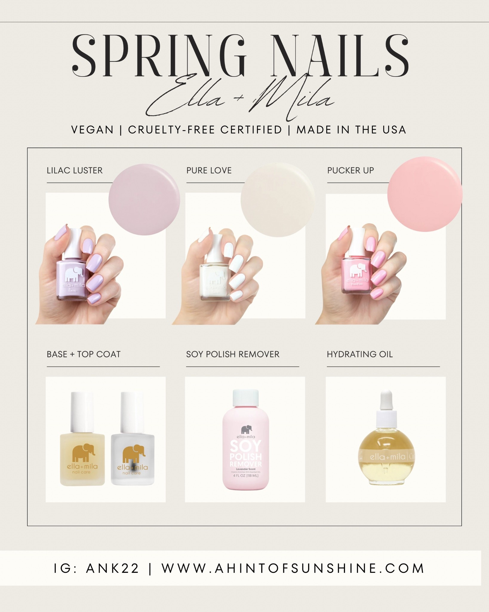 Spring mani lineup! 💅🏻

• Lilac Luster
• Pure Love
• Pucker Up

Additional must-haves -- the 'All About the Base' + and fast-drying 'In a Rush" top coat, soy polish remover, and the NEW hydrating cuticle oil. 

Everything is linked here, ladies! ✨

#CleanBeauty #SpringNails #AtHomeMani #ellamilapartner #ad

#LTKBeauty #LTKdayinmylife #LTKselfcare #LTKmomlife