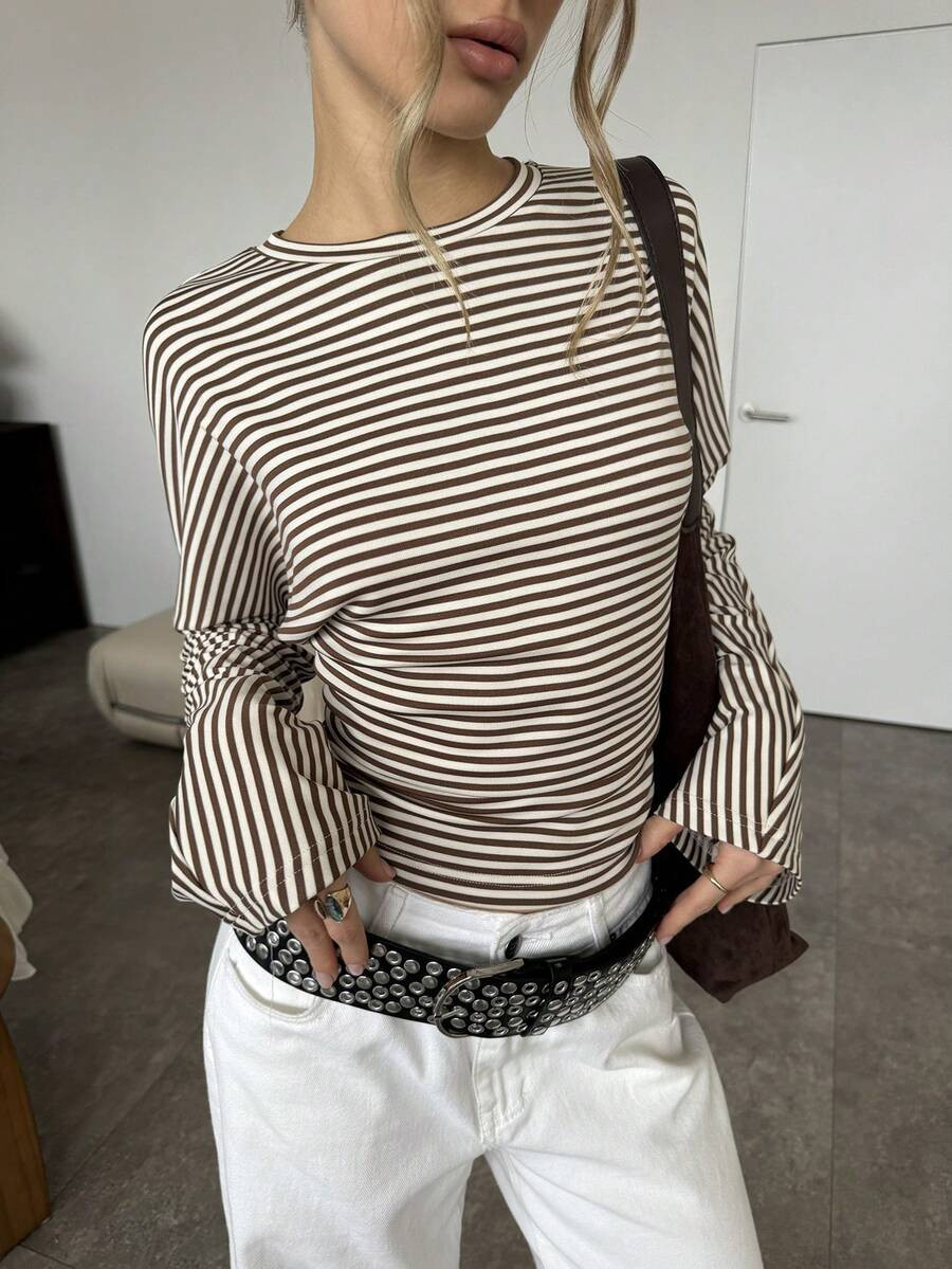 SHEIN BAE Women's Casual Striped Patchwork Crew Neck Versatile Basic Oversized Long Sleeve Top Ca... | SHEIN