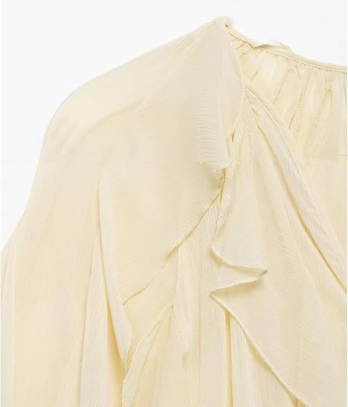 Women's V-Neck Pleated Front Long Sleeved Shirt with Ruffle Collar, exuding a Stylish Flying Slee... | Amazon (US)