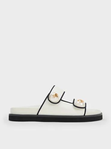 Pearl Embellished Contrast-Trim Slides
 - White | Charles & Keith US