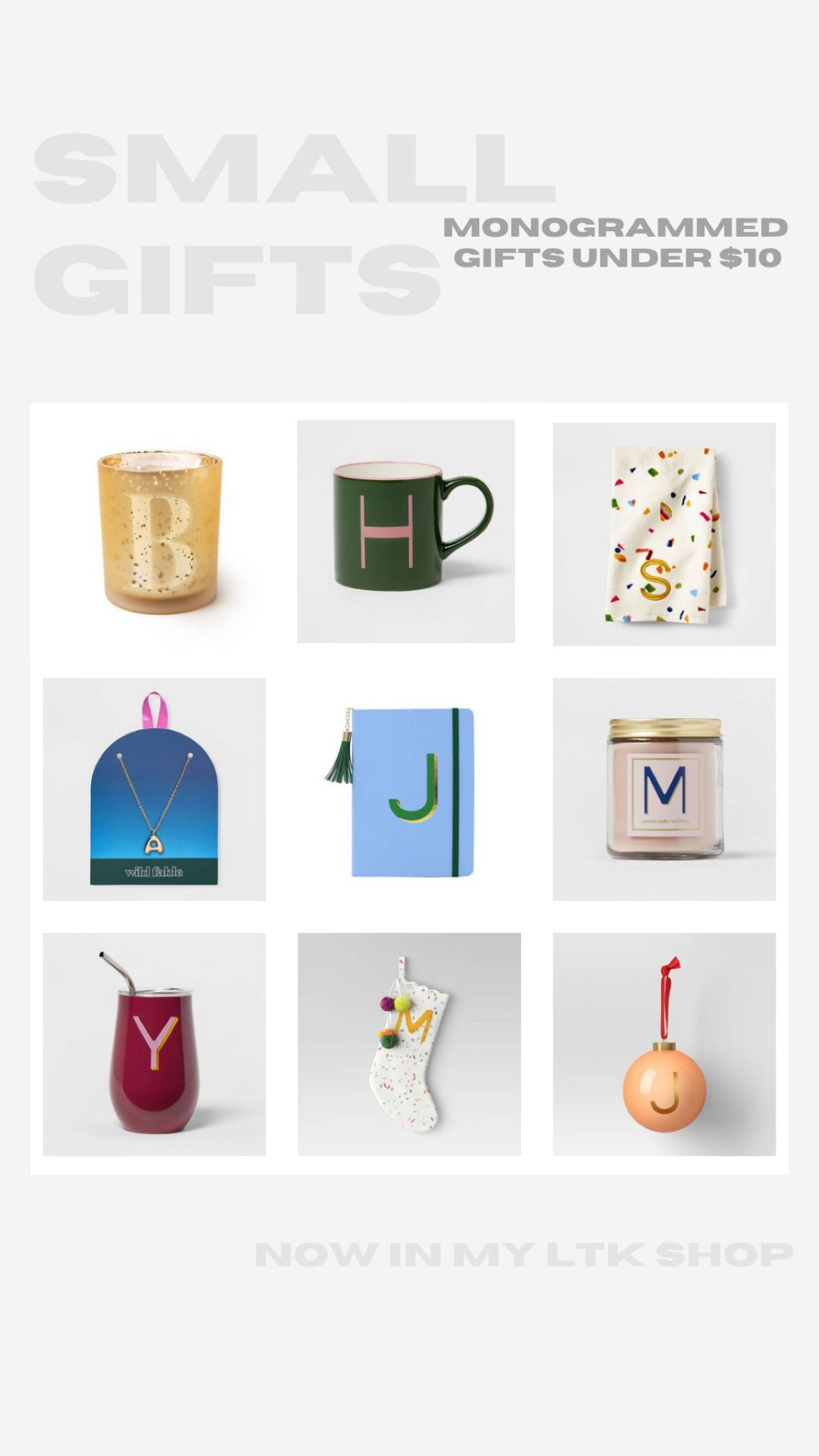 Super cute monogrammed gifts under $10! 

Stocking stuffers, Christmas gift ideas, small gifts for her, personalized gifts, gifts under $5, candle, mug, personalized ornaments, gift tumblers, notebook, letter necklace 

#LTKHoliday #LTKSeasonal #LTKGiftGuide