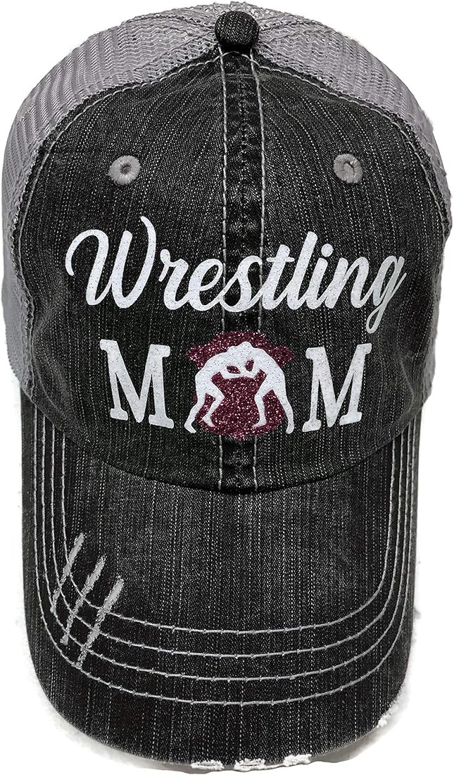 White/Fuchsia Glitter Wrestling Mom Distressed Grey Trucker Cap Hat Sports | Amazon (US)