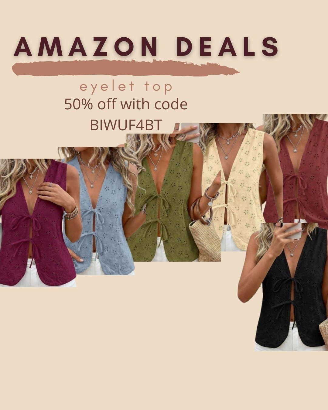 $14-$16 ends 5:10

Amazon fashion
Amazon deals
Tie front top
Eyelet tank

#LTKSaleAlert