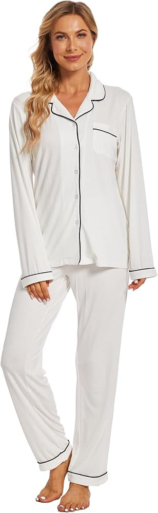 Yoolfine Button up Pajamas for Women, Long Sleeve Sleepwear Soft Loungewear Ladies Pjs Set | Amazon (US)