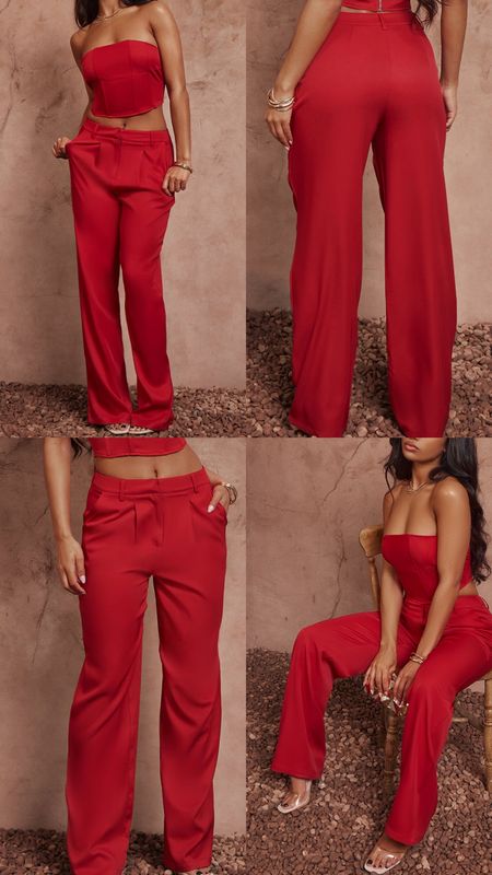 Red Woven Tailored Trousers and corset. Two piece outfit. Under £60, pretty little thing. Party and events exclusive limited edition collection.  Wardrobe staple. Timeless. Gift guide idea for her. Luxury, elegant, clean aesthetic, chic look, feminine fashion, trendy look, races outfit, wedding, baby shower, special event, festive. 

#LTKfindsunder100 #LTKparties #LTKSeasonal
