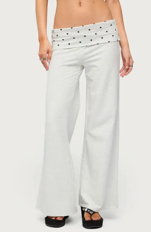 EDIKTED Reeva Polka Dot Foldover Flared Pants in Light-Gray-Melange at Nordstrom, Size X-Large | Nordstrom