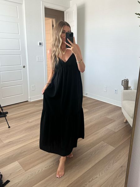 Love this black maxi dress from old navy!! I’m wearing a size small and it fits tts 