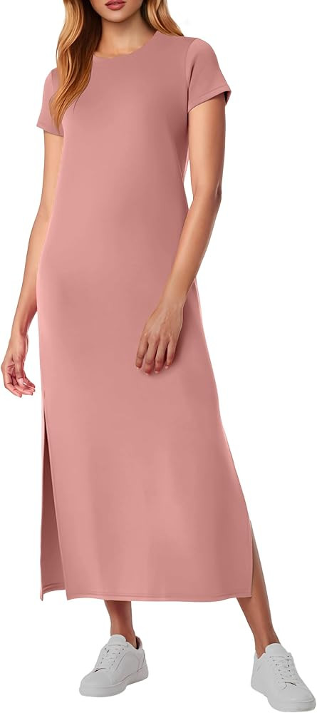 Lepunuo Casual Dresses for Women Crew Neck Short Sleeve Wrinkle-Free Split Maxi Dress Vacation Ou... | Amazon (US)