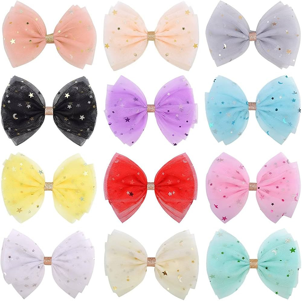 inSowni 12 Pack Tulle Bow with Glitter Star Alligator Hair Clips Barrettes Accessories for Baby G... | Amazon (US)