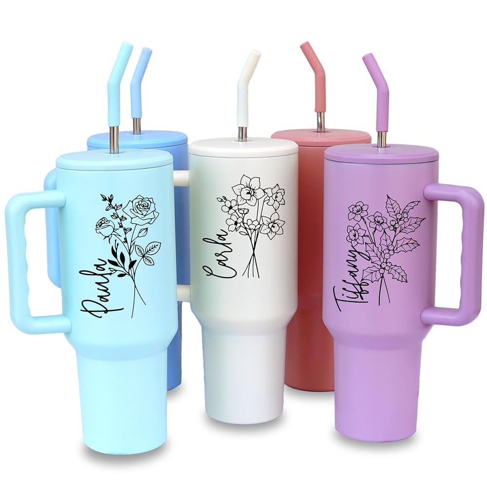 Personalized Birth Flower Custom 40 oz Tumbler with Handle Straw & Lid, Reusable Insulated Stainl... | Amazon (US)