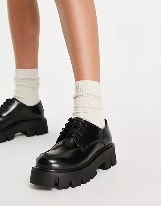 ASOS DESIGN Marcos leather chunky lace up flat shoes in black | ASOS (Global)
