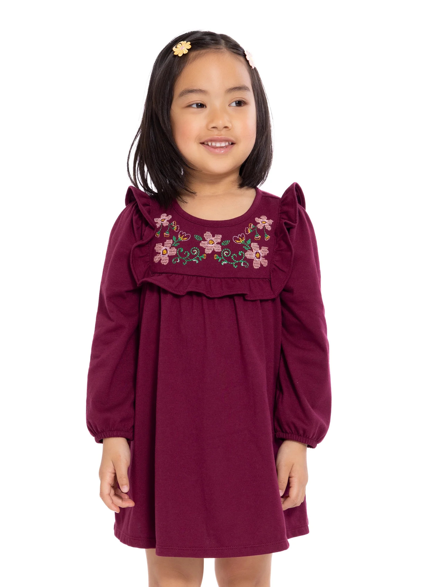 Wonder Nation Toddler Girls' Embroidered Ruffle Dress with Long Sleeves, Sizes 12M-5T | Walmart (US)