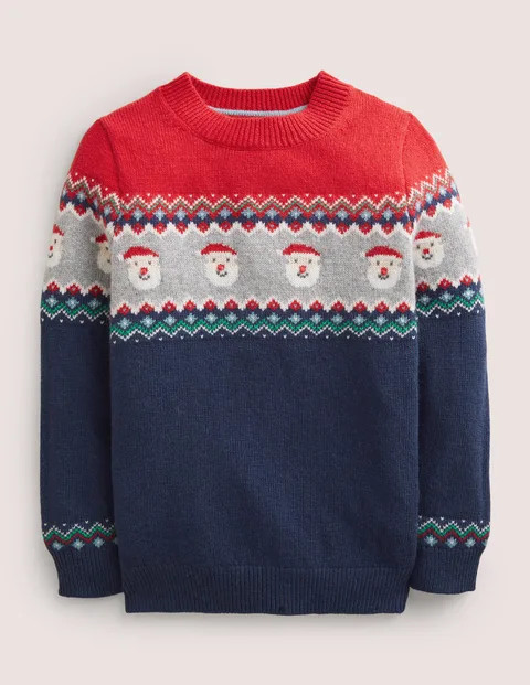 Festive Fair Isle Sweater - College Navy Santa Faces | Boden (US)