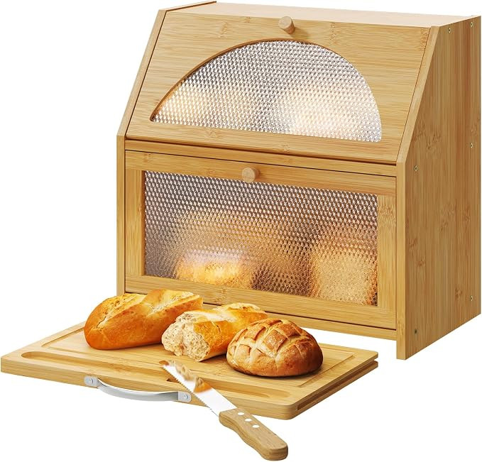 Bamboo Bread Box with Cutting Board, Double Layer Extra Large Bread Storage Bin with Door Panel f... | Amazon (US)