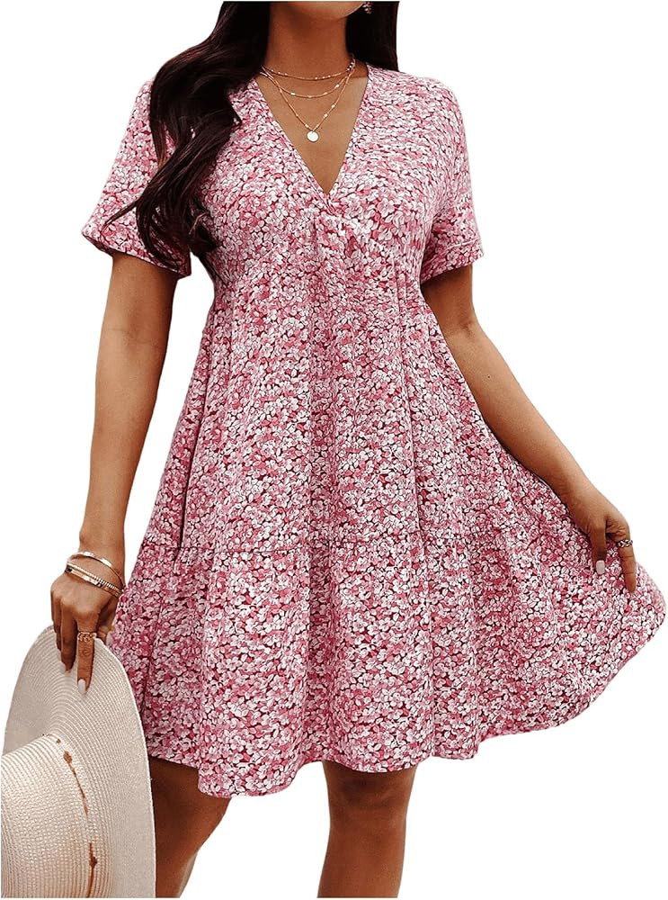 Floerns Women's V Neck Short Sleeve Ruffle Hem Colorblock Swing Shift Mini Dress | Amazon (US)