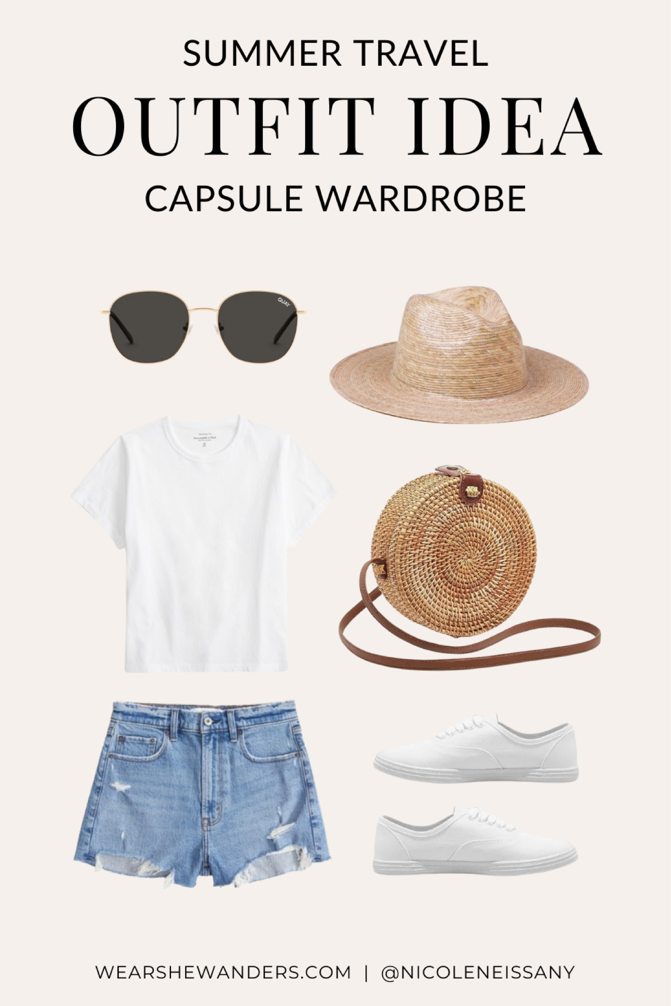 Summer travel capsule wardrobe outfit

// summer travel capsule outfit, vacation outfit, resort wear, travel outfit, summer outfit, spring outfit, beach outfit, pool outfit, resort outfit, casual outfit, t-shirt, basic tee, denim shorts, high waisted denim shorts, mom shorts, Abercrombie shorts, round sunglasses, straw fedora hat, round rattan bag, canvas sneakers, white sneakers, sneaker trends, Amazon fashion, Revolve, Abercrombie, Target, Quay, Wear She Wanders, wearshewanders.com, Nicole Neissany (4.11)

#LTKitbag #LTKtravel #LTKfindsunder100 #LTKfindsunder50 #LTKshoecrush #LTKsalealert #LTKstyletip #LTKSeasonal