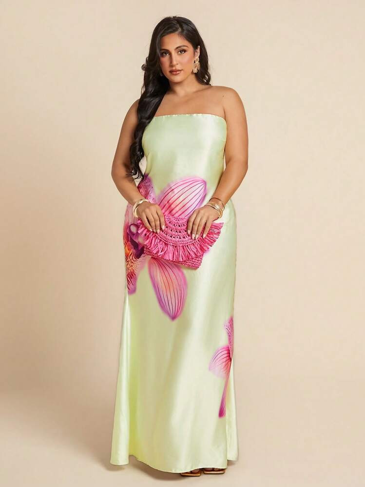 SHEIN BAE Plus Size Women Satin Print Open Back Dress, Spring/Summer,4th Of July Curve,Beach Outf... | SHEIN