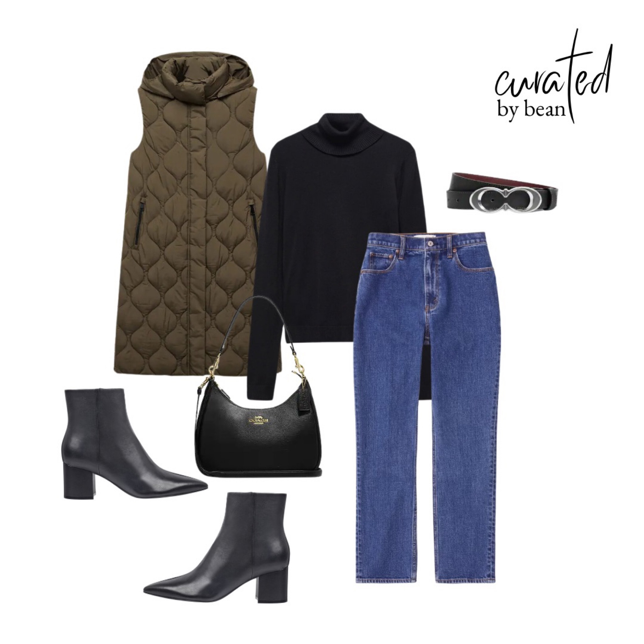 Turtleneck sweater shirt black turtleneck, puffy puffer down vest, jeans, fall leather boots

#LTKSeasonal