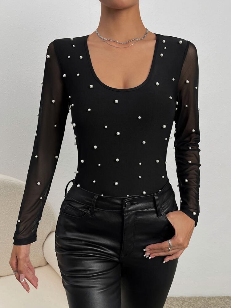 Pearls Beaded Contrast Mesh Top | SHEIN