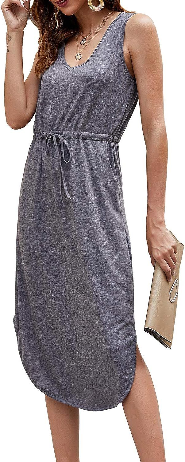 Hount Womens V Neck Sleeveless Casual T Shirt Dress Summer Midi Dress with Pockets | Amazon (US)
